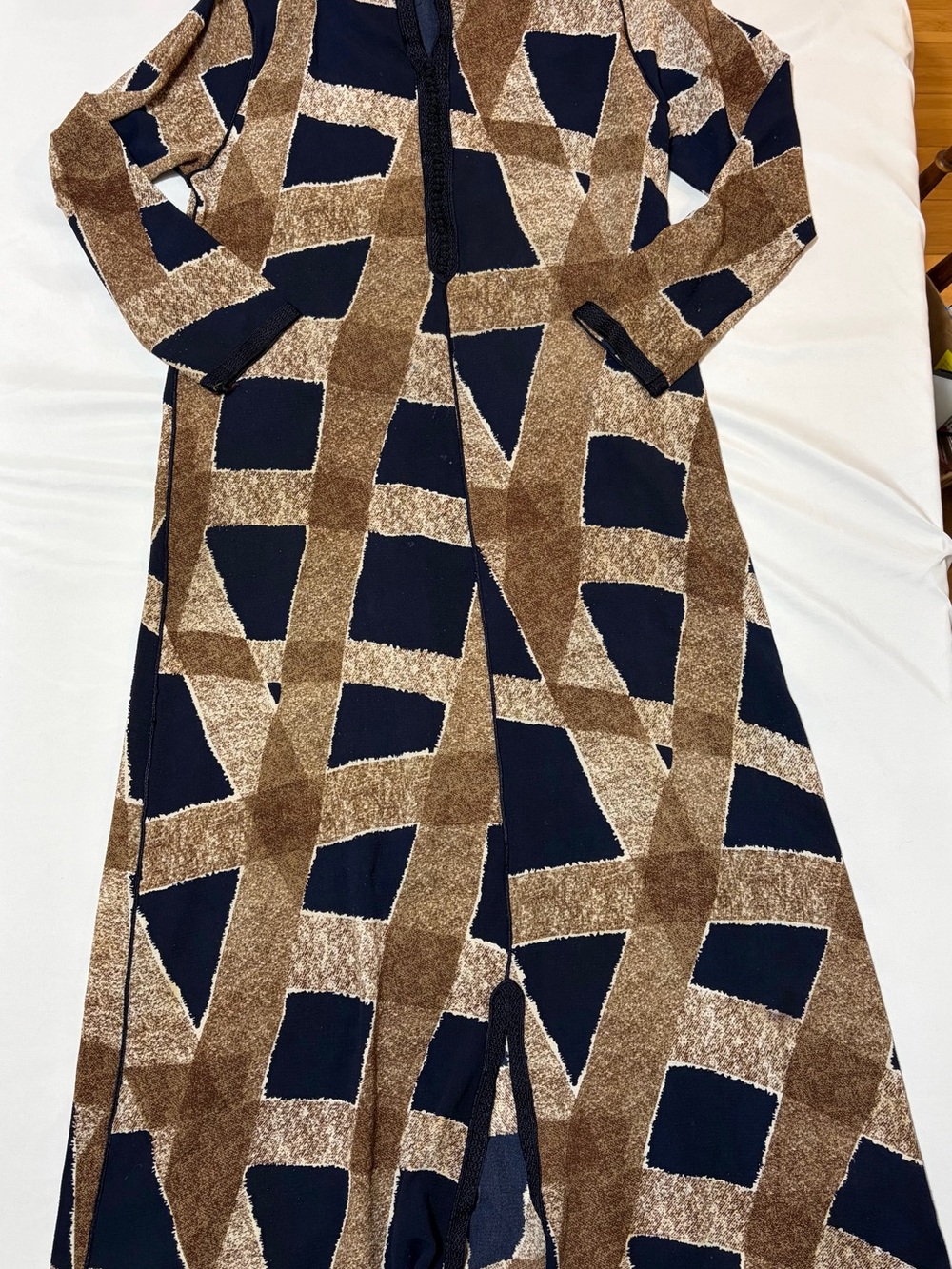 Moroccan Caftan Kaftan Maxi Dress Size L Geometric Long Sleeve Braided Trim Navy